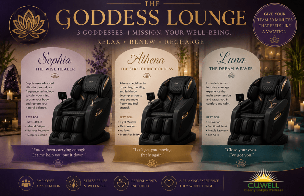 The Goddess Lounge with three premium massage chair experiences