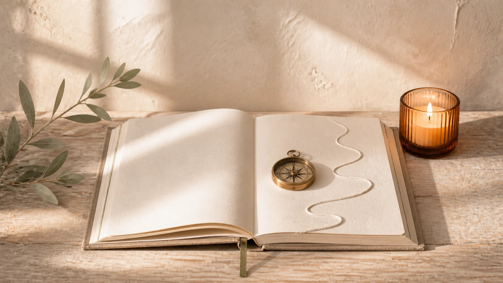 An open journal with a compass, winding path and candle