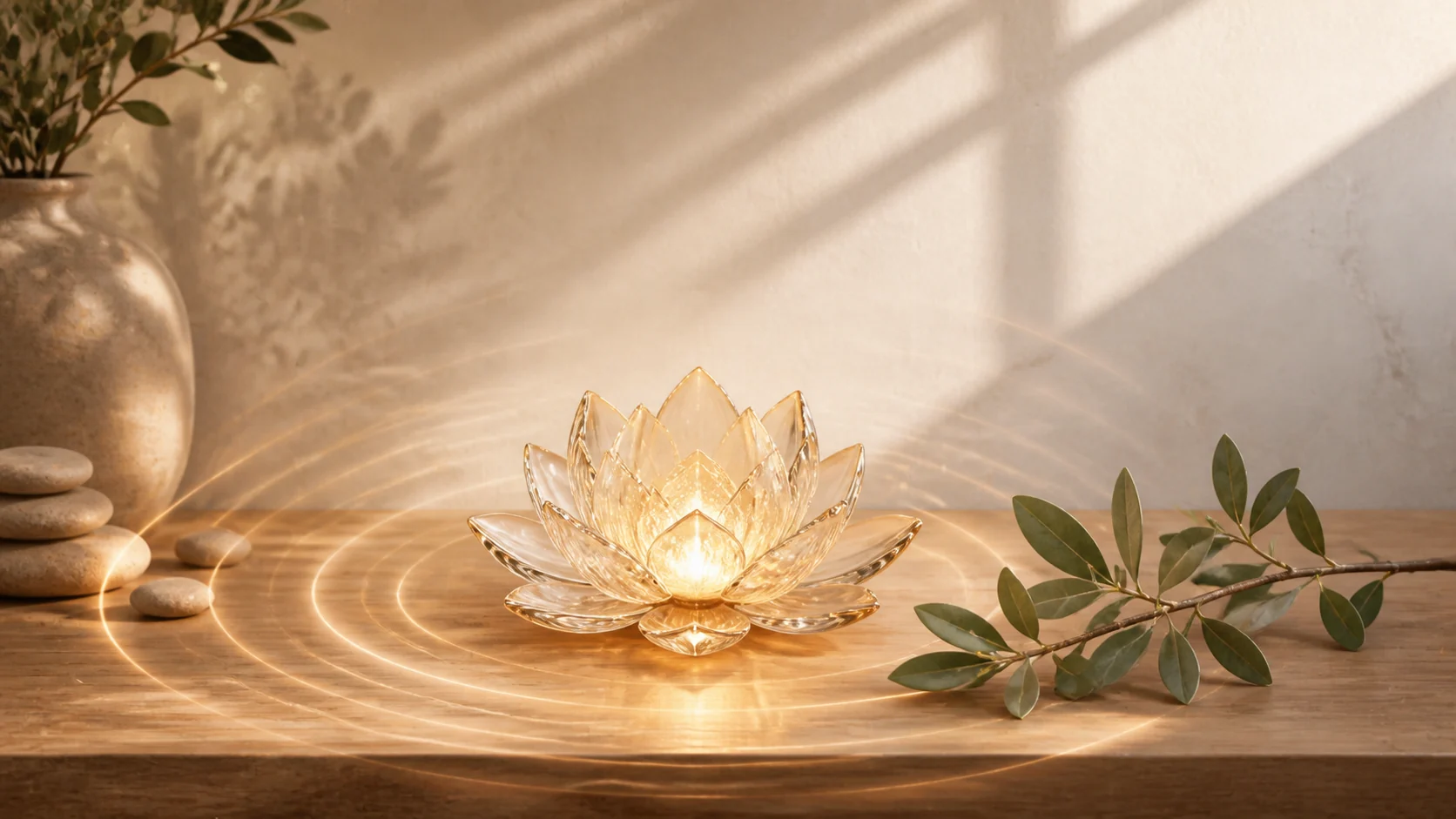 A glowing glass lotus surrounded by gentle energy waves