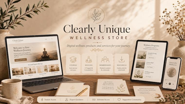 Clearly Unique Wellness Store featuring digital courses, sessions, memberships and resources